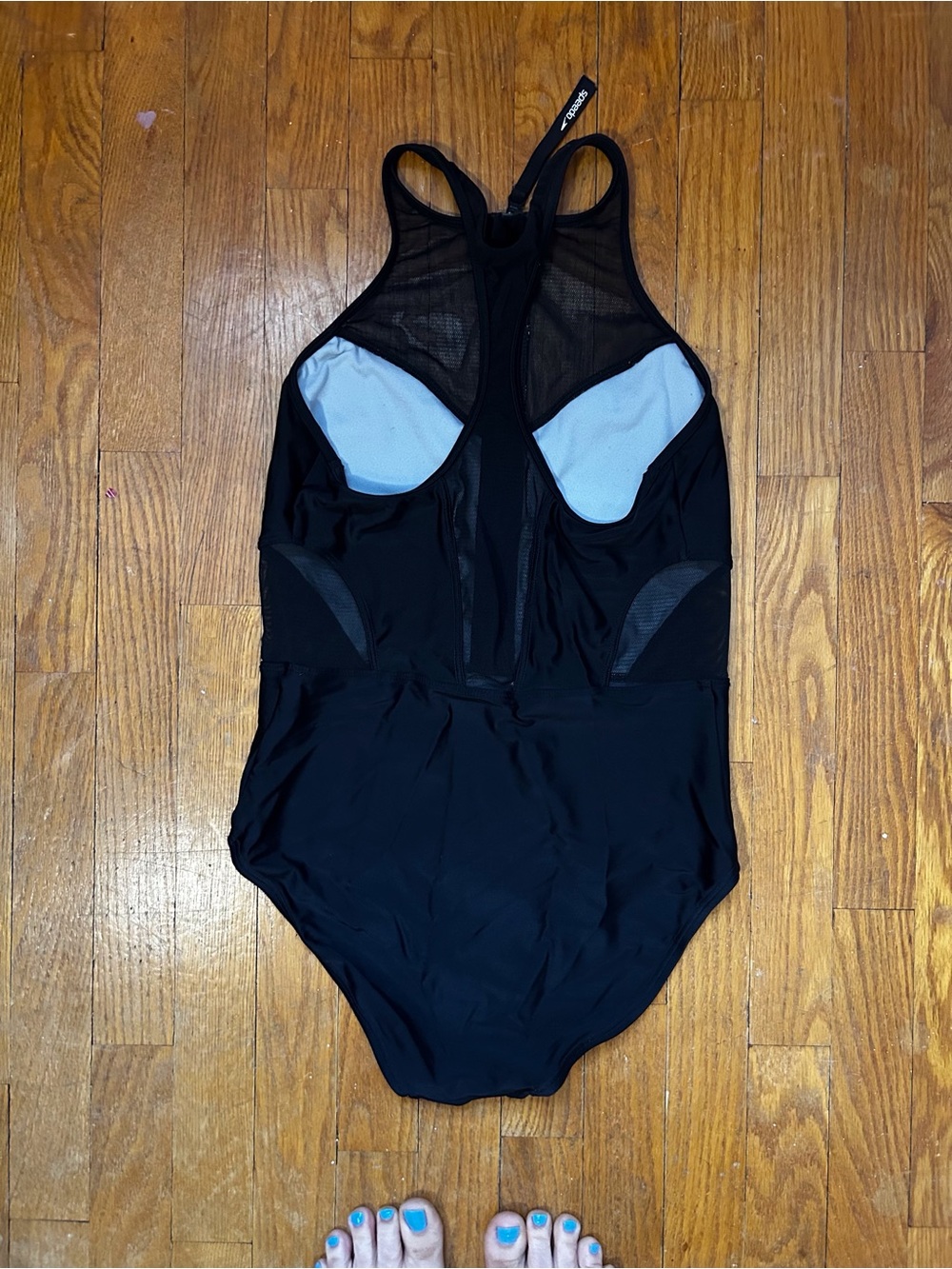 Speedo Black Mesh-Panel Zip Front One-Piece Swimsuit - Picture 2 of 2